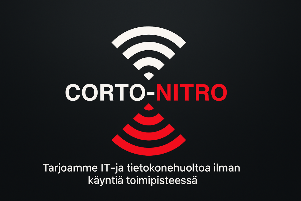 Corto-nitron logo ja palvelumainos, jossa kerrotaan IT- ja tietokonehuollosta asiakkaan luona tai etänä ilman toimipistekäyntiä.