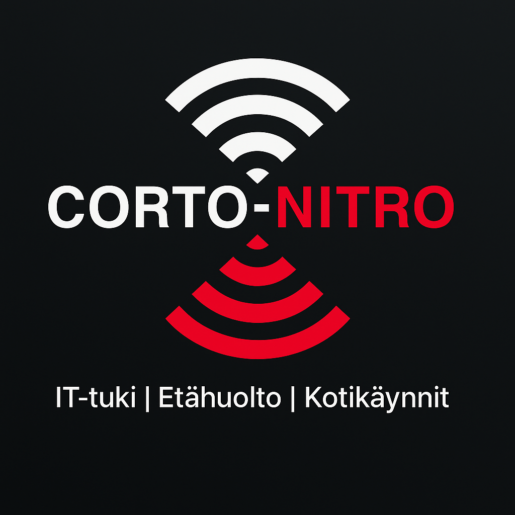Corto-nitron logo, jossa näkyvät valkoiset ja punaiset signaalikaaret sekä teksti IT-tuki, etähuolto ja kotikäynnit.